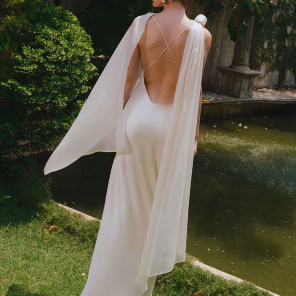 Ivory Satin Draped Gown “Moon Petal” DR785