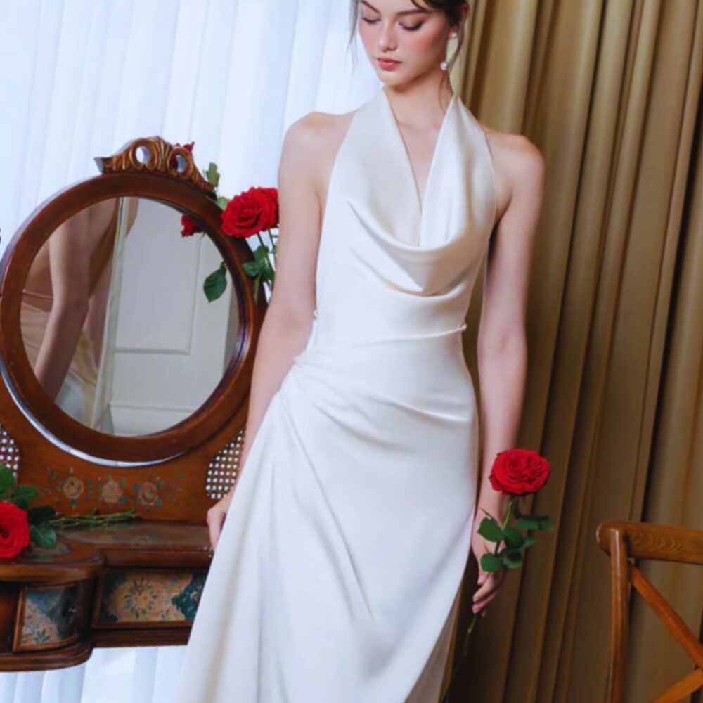 Ivory Satin Halter Midi Dress "Luna Glow" DR291