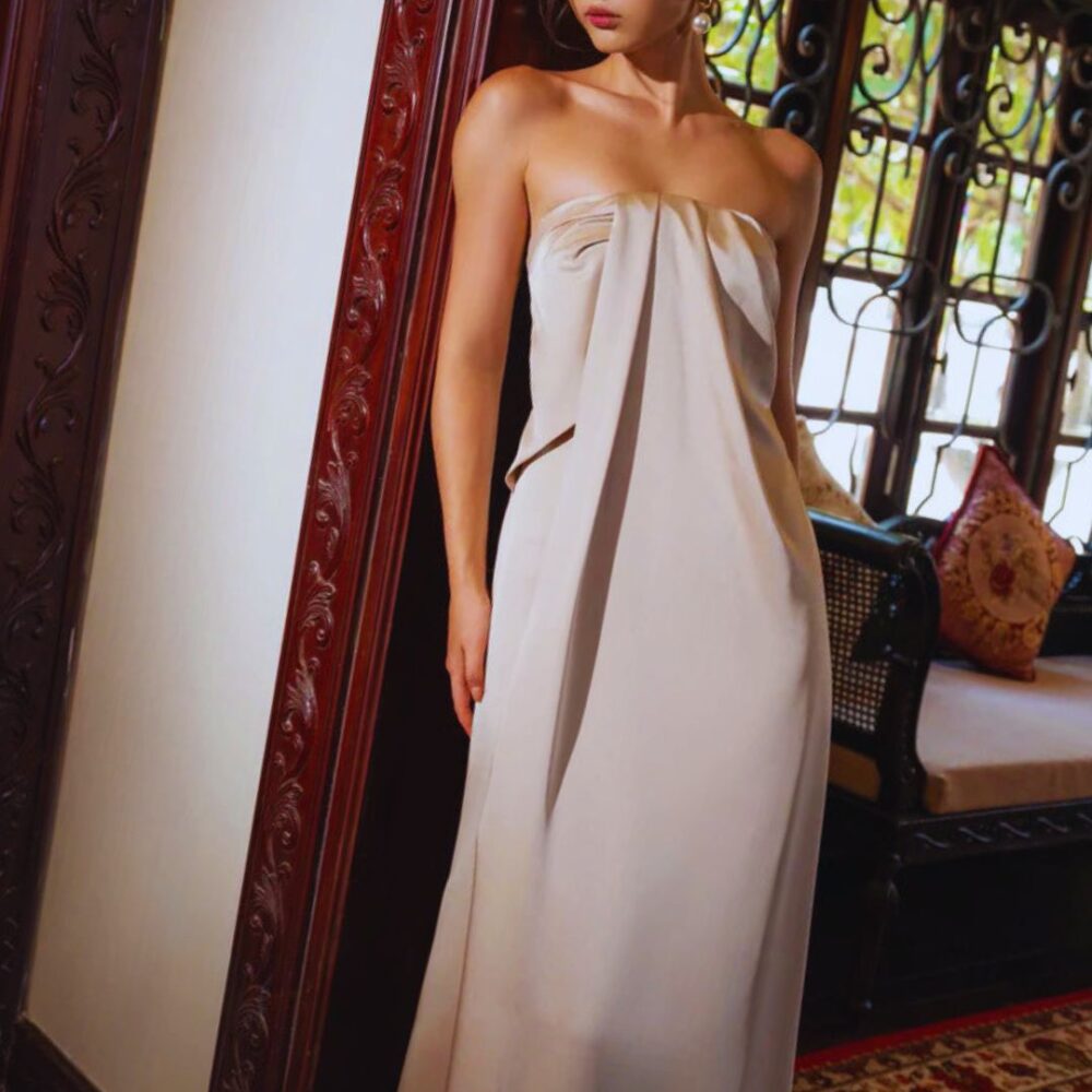 Champagne Strapless Draped Gown "Velvet Dawn" DR412