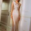 Champagne Satin Cowl Neck Gown "Luna Grace" DR481