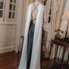 Black Satin Gown with Dramatic White Cape "Midnight Grace" DR623